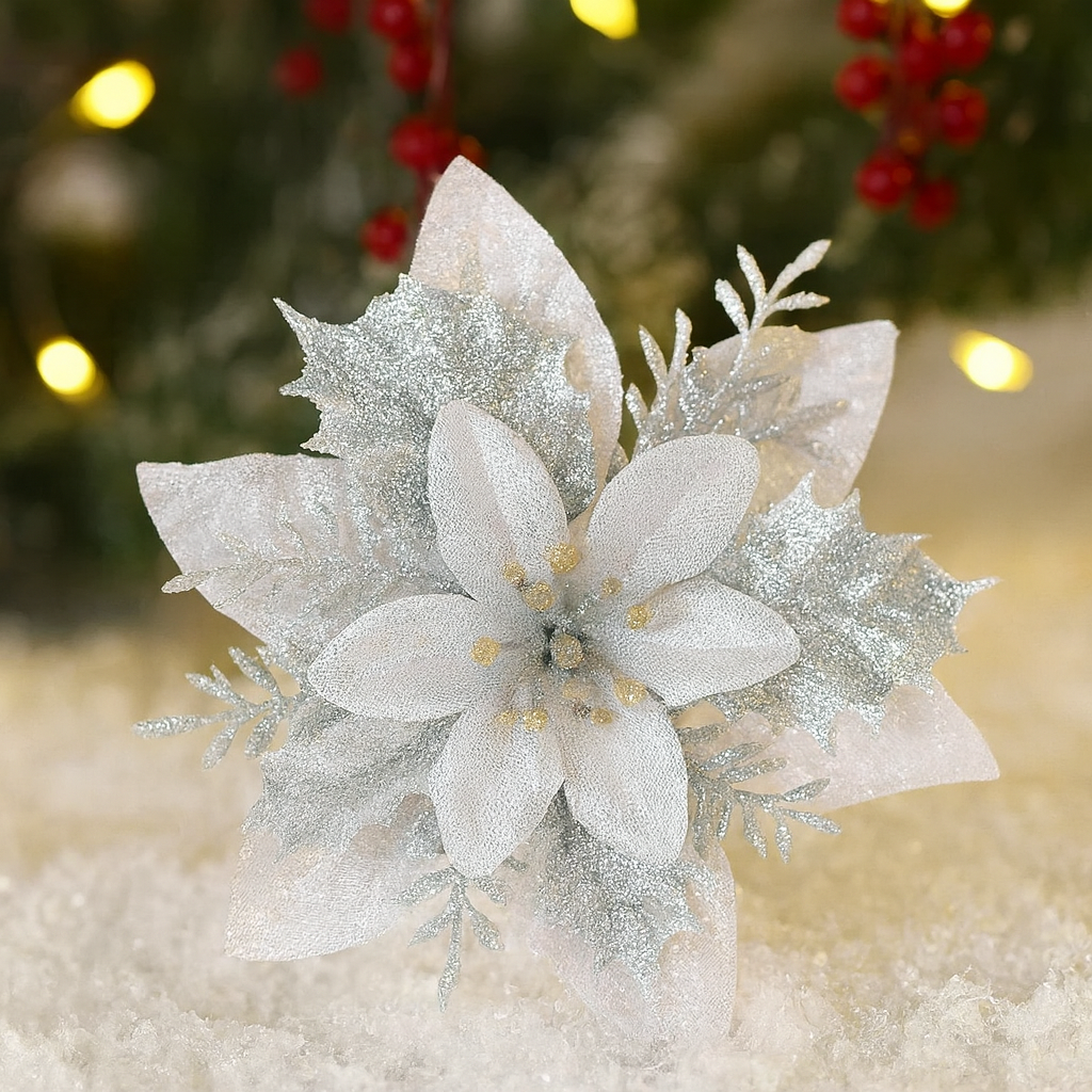 Shiny Christmas Poinsettia Clips – Beautiful Tree & Home Decor(12Pcs)