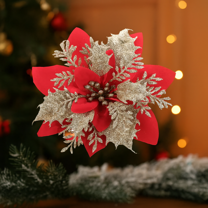 Shiny Christmas Poinsettia Clips – Beautiful Tree & Home Decor(12Pcs)