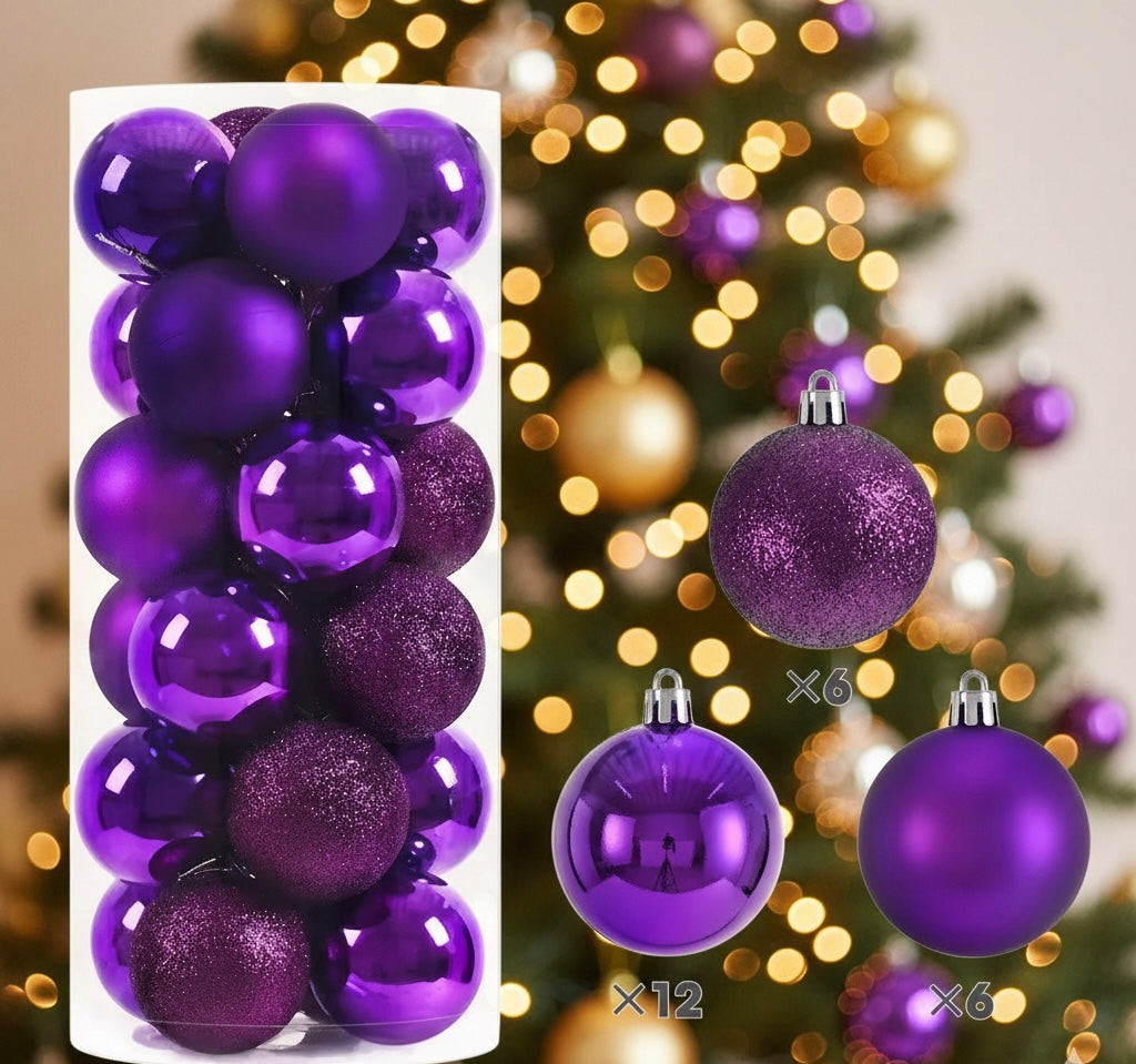 24pcs Purple Christmas Balls – Glossy & Glitter Mix for Holiday Decor