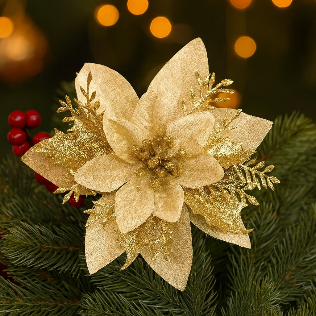 Shiny Christmas Poinsettia Clips – Beautiful Tree & Home Decor(12Pcs)