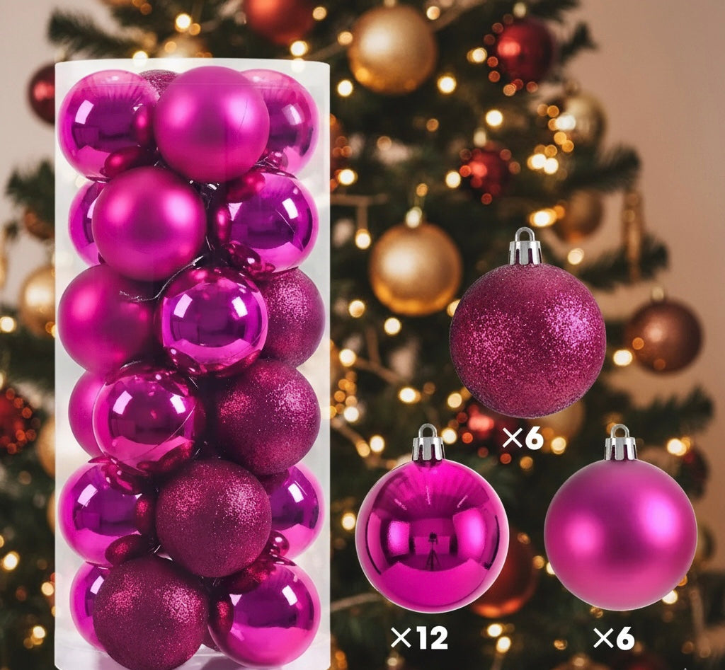 24pcs Purple Christmas Balls – Glossy & Glitter Mix for Holiday Decor